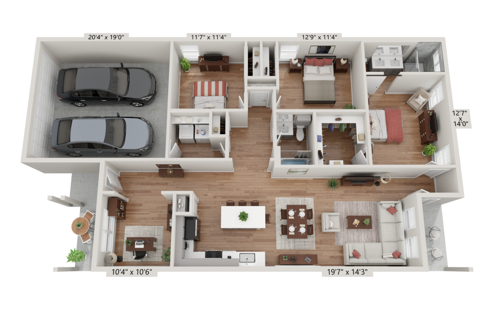 K1 - 3 bedroom floorplan layout with 2 baths and 1494 square feet.
